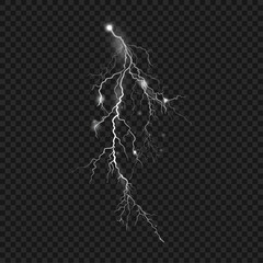 Poster - Lightning strike bolts, thunderbolts natural phenomena on transparent background. Vector isolated realistic electric dangerous glittering and discharge. Rainstorm bolts with powerful force
