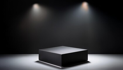 Wall Mural - black cube stand for product placement mockup dark podium exhibition scene background minimal box platform showroom with spot light