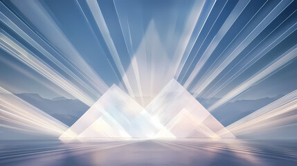 Poster - A serene landscape featuring geometric shapes with radiant light beams emanating from them, creating tranquil and ethereal atmosphere.