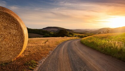 Wall Mural - serene rural landscape with hay bale and winding dirt road at sunset