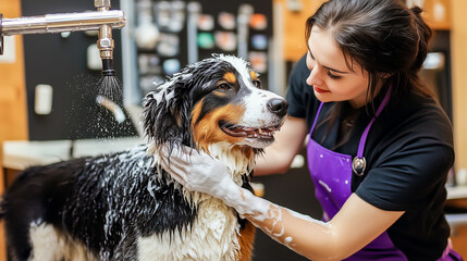 Wall Mural - woman groomer washes a dog of the Bernese Mountain breed