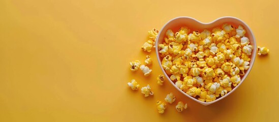 Poster - Popcorn mockup on a pastel backdrop top view with copy space Heart shaped