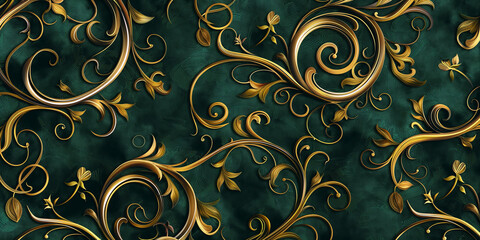 Exquisite gold filigree pattern with emerald green elements on a dark background
