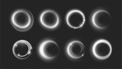 Poster - Light white twirl, isolated set of round semicircles. Vector lines sparks and twinkles. Lens glares or frames, luminous futuristic glitter rings with glowing brightness and vibrant twists