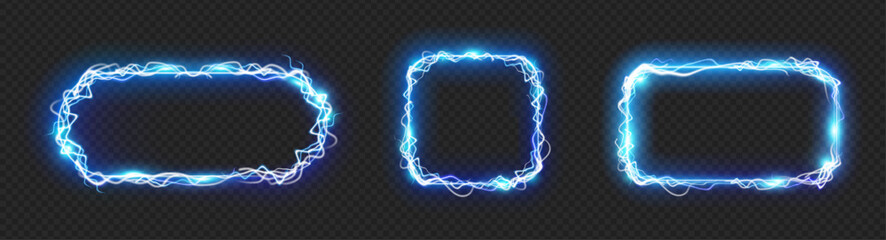 Poster - Geometric frame with lightning effect and electrical discharge glowing and sparkles. Vector isolated set of borders for banners, commercial or typography. Portals or magical energy entrance