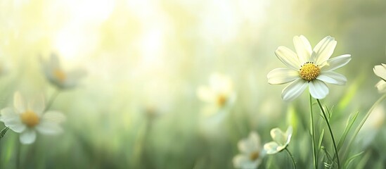 Poster - Blurred white daisy featuring yellow stamens and green grass under soft sunlight creating a textured background of blooming flowers. with copy space image. Place for adding text or design