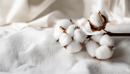 cotton flower on white cotton fabric cloth background cotton buds on a tree