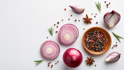 Wall Mural - red onion and spices arranged on a white background viewed from above