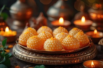 Indian pretty woman holding plate full of sweet ladoo or laddu on diwali night happy dewali