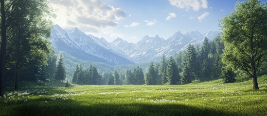 Canvas Print - A grassy area with trees and mountains in the distance. with copy space image. Place for adding text or design