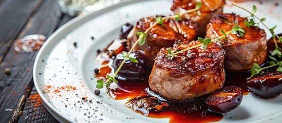 Poster - Pork medallions and dried plums are a Slovenian dish from Ljubljana featuring tasty pork with plum brandy sauce and dried plums accompanied by a side of baked dodole known as Zganjarsko