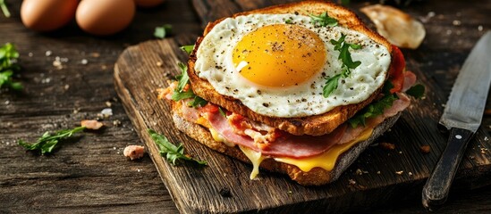 Poster - Homemade sandwiches filled with ham cheese crab sticks and vegetables topped with cheese and a fried egg on bread presented with a knife and fork on a wooden surface The idea of healthy delicious foo