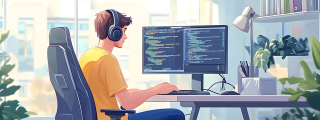 A young male programmer is sitting at his desk. He has headphones on, and the computer screen shows code
