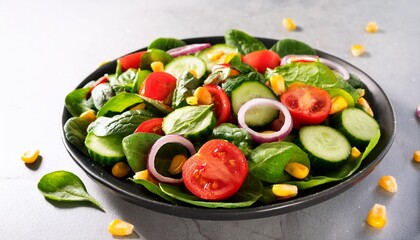 Wall Mural - healthy vegetable salad of fresh tomato cucumber onion spinach lettuce corn and on plate diet menu generative ai