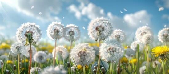 Fluffy dandelions in a meadow. with copy space image. Place for adding text or design