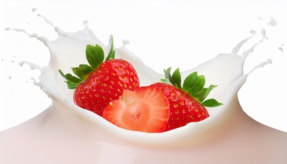 fresh strawberries splashing into creamy milk smoothie or yoghurt cut out