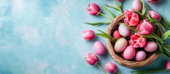 Wall Mural - Basket filled with Easter eggs and pink tulips on a perfect spring backdrop Spring and Easter theme Colorful eggs Flat lay top view. with copy space image. Place for adding text or design