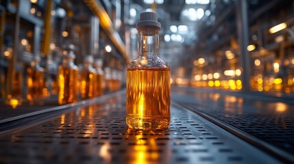 Poster - a biocatalytic process underway, showcasing a bottle of fine chemicals amidst a well-lit production 