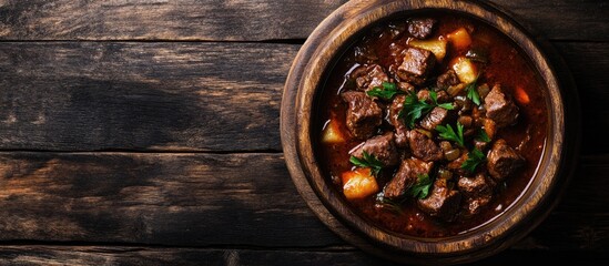 Aufkleber - Beef stew served in a wooden dish Dark wooden backdrop Top view Copy space