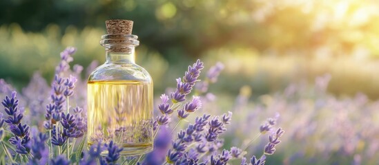 Poster - Lavender oil in a glass bottle set against a backdrop of fresh flowers Aromatherapy. with copy space image. Place for adding text or design