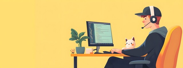 A young male programmer is sitting at his desk. He has headphones on, and the computer screen shows code
