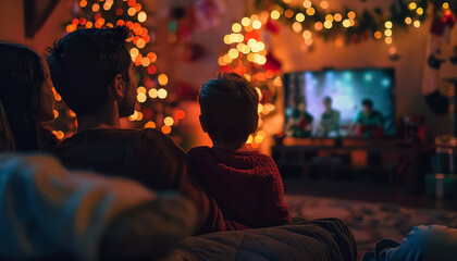 Wall Mural - A family is watching a Christmas movie on a television