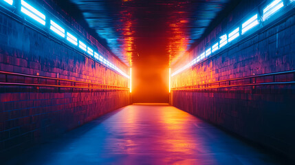 Poster - A vibrant corridor illuminated by neon lights creates striking atmosphere, evoking sense of mystery and anticipation.