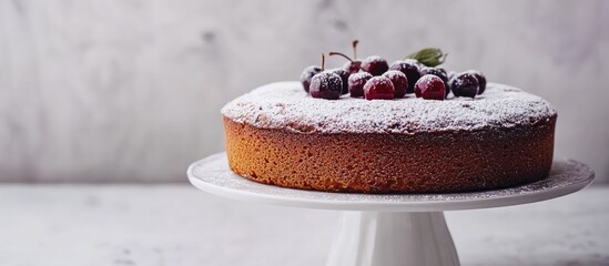 Leinwandbilder - Round cherry almond cake sprinkled with powdered sugar on a cake stand viewed from the front on a light background. with copy space image. Place for adding text or design