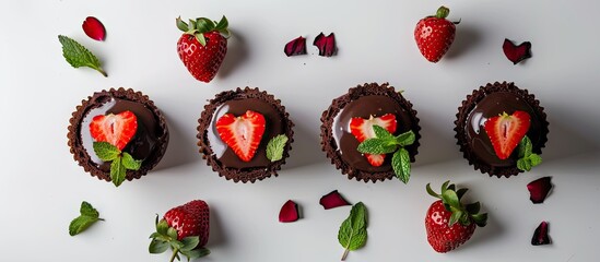 Poster - Valentine s Day treat Mini heart shaped chocolate sponge cakes topped with strawberry and mint Top view on a white background with rose flowers and copy space