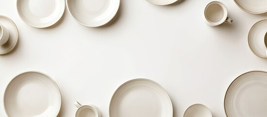 Fototapete - Ceramic tableware design Blank plates and mugs on a white background top view copyspace