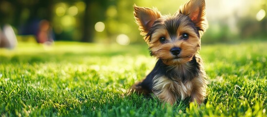 Poster - A Yorkshire terrier puppy sits on green grass Playful and funny puppy Domestic pets. with copy space image. Place for adding text or design