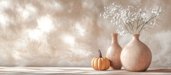 Aufkleber - Composition of clay bottles a sprig of Baby s Breath and a pumpkin Light monochrome background Pastel wallpaper Minimalistic style Vintage rustic mix. with copy space image