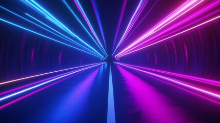 Poster - Neon Lights Tunnel Abstract Background Purple and Blue Glowing Lines Futuristic Design D Rendering