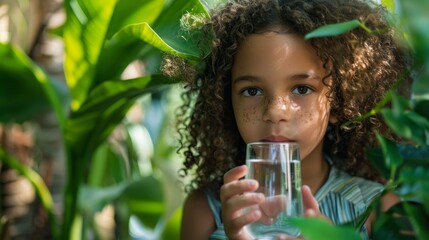 Wall Mural - A young girl is drinking water from a glass