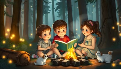 Three young children, a boy and two girls, sitting around a campfire in a magical forest setting. The children are reading from a book, with a small dog and other forest creatures gathered around them