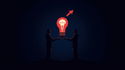 Two business people exchanging an idea, symbolized by a light bulb and an upward arrow. Represents innovation and collaboration.