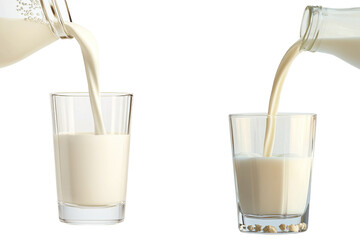 Two glasses of milk being poured from jugs. Transparent background