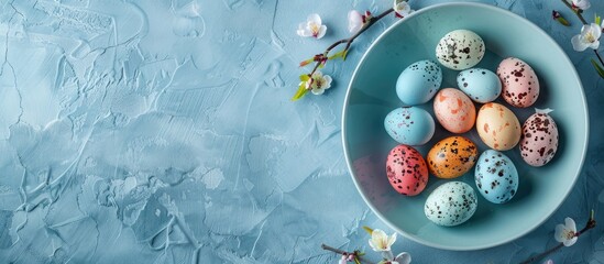 Aufkleber - colored Easter eggs on a saucer against a blue background. with copy space image. Place for adding text or design