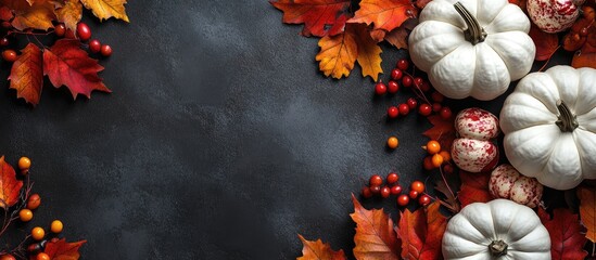 Festive Thanksgiving Day holiday backdrop White and orange pumpkins vibrant autumn leaves and berries on a dark concrete background viewed from above with copy space