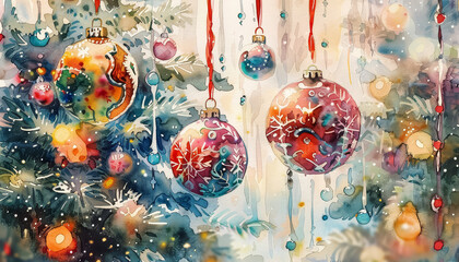 Wall Mural - A painting of a Christmas tree with red ornaments hanging from it