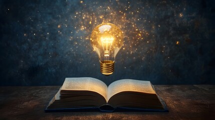Poster - Bright Illuminated Light Bulb Levitating Above an Open Book Representing the Moment of Innovative Thinking