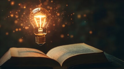 Poster - A light bulb hovering above an open book symbolizing a bright idea or moment of and discovery  The image represents the concept of new knowledge innovative thinking and creative problem solving