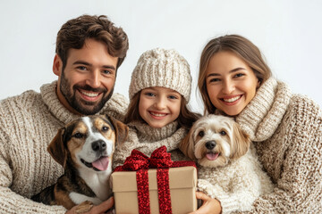 Portrait of a happy family with a child and two dogs wearing knitted hats and holding a gift box, isolated on a white background. 