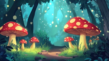 Wall Mural - Cartoon mushroom forest background. cartoon nature background