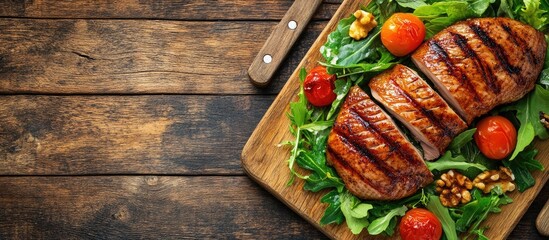 Wall Mural - roasted duck breast and salad leaves grilled or barbecued poultry portion on the table for a healthy meal or snack outdoors top view copy space for text food background rustic image