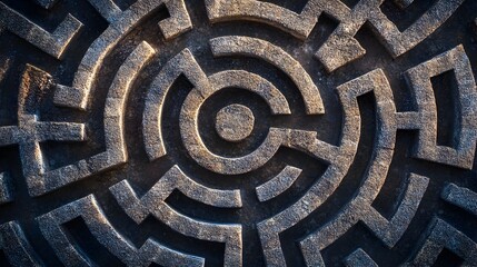 Poster - Minimalist abstract maze design with a single line path leading to the center symbolizing the concept of problem solving decision making and the journey towards a successful outcome