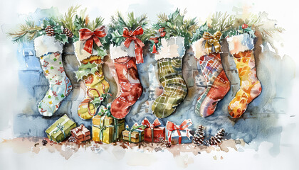 Wall Mural - A row of Christmas stockings hanging on a mantle