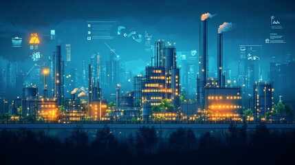 Aufkleber - an overview of industrial material flow, showcasing processes, structures, and data in a vibrant urb