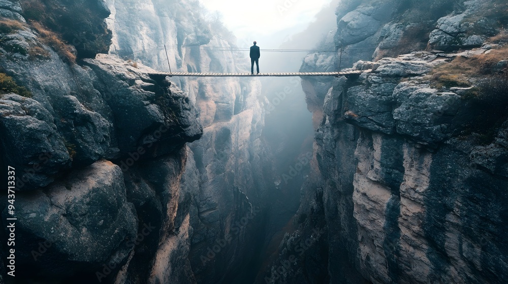 A person standing on a narrow suspended bridge crossing over a deep ...