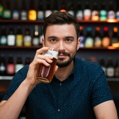 man drinking beer in bar